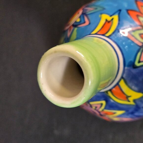 Hand-Painted Ceramic Bud Vase Green Tilted Neck Whimsical Colorful Floral Design - Picture 5 of 10